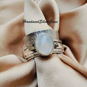Moonstone Spinner Ring, 925 Sterling Silver, Rainbow Moonstone Ring, Women&#39;s Ring, Meditation Ring, Anxiety Ring,Spinner Ring,Statement Ring