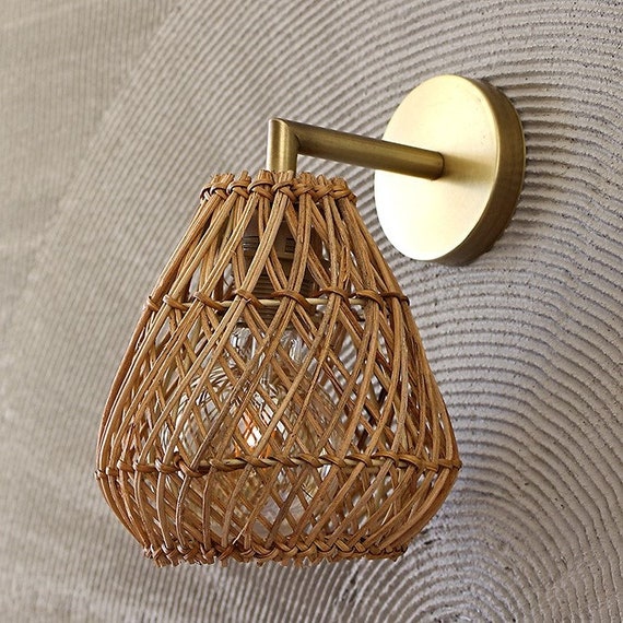 GOLD RATTAN SCONCE Lamp Rattan Sconce Lamp Wall Sconce Light - Etsy