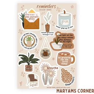 Puede incluir: Una hoja de pegatinas con una variedad de citas e ilustraciones motivacionales. Las pegatinas presentan un fondo marr&oacute;n claro con una variedad de colores y dise&ntilde;os. Las citas incluyen "date a ti mismo gracia", "mantente agradecido", "s&eacute; la mejor versi&oacute;n de ti mismo", "nunca te rindas en dua", "la luz del d&iacute;a siempre sigue la oscuridad de la noche", "respira", "crece a trav&eacute;s de lo que pasas", "disfruta de algo de tiempo para ti", "s&eacute; agradecido por las peque&ntilde;as cosas", y "mantente esperanzado".