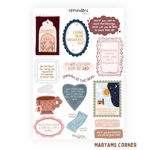 May include: A sheet of stickers with Islamic-themed quotes and illustrations. The stickers feature various shapes, including ovals, hearts, and rectangles, with phrases like "Living in an Answered Dua" and "Jannah is the Goal". The color palette includes burgundy, teal, and cream.