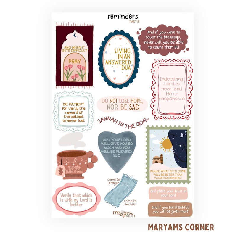 May include: A sheet of stickers with Islamic-themed quotes and illustrations. The stickers feature various shapes, including ovals, hearts, and rectangles, with phrases like "Living in an Answered Dua" and "Jannah is the Goal". The color palette includes burgundy, teal, and cream.