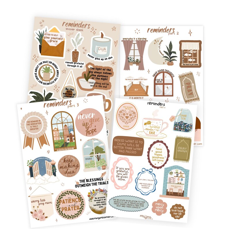 May include: Four sticker sheets with various designs and text. The sheets feature illustrations of plants, windows, and inspirational quotes. The color palette includes beige, brown, and pastel shades. The text includes phrases like "never give up hope" and "pray always."