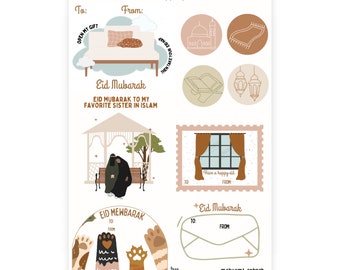 May include: Set of printable gift tags with a variety of designs featuring Islamic themes, including a mosque, a prayer rug, a book, lanterns, a woman in a hijab, a cat, and a paw print. The tags are perfect for celebrating Eid al-Fitr or Eid al-Adha.