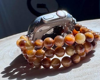Tiger Eye Beaded Apple Watch Band, all models , Genuine Matt/Smooth Blue/green/yellow Tiger Eye Beads. 8mm-3 Rows, 6mm -4 Rows