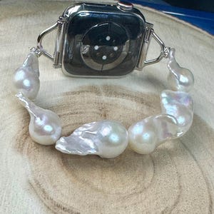Chunky Baroque Pearl Apple Watch Strap. SE, Series 5/6/7/8/9/10. Genuine fresh water baroque pearl. White/black.