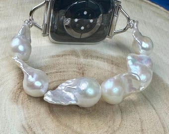 Chunky Baroque Pearl Apple Watch Strap. All models. Genuine fresh water baroque pearl. White/black.