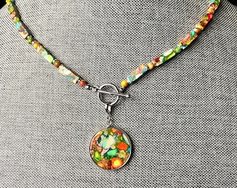 Galaxy Sea Sediment Jasper Necklace, Curvy/Rectangle and Round mixed beads. 2 Ways to Wear, Removable Pendent
