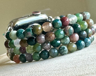 Faceted Indian Agate Apple Watch Band. All models. Faceted Indian Agate Beads, 3 Strand (8mm)/4 Strands( 6mm )Beads.