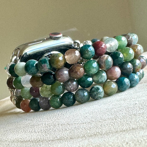 Bracelet Apple Watch en agate indienne à facettes. Tous les modèles. Perles en agate indienne à facettes, 3 rangs (8 mm)/4 rangs (6 mm).