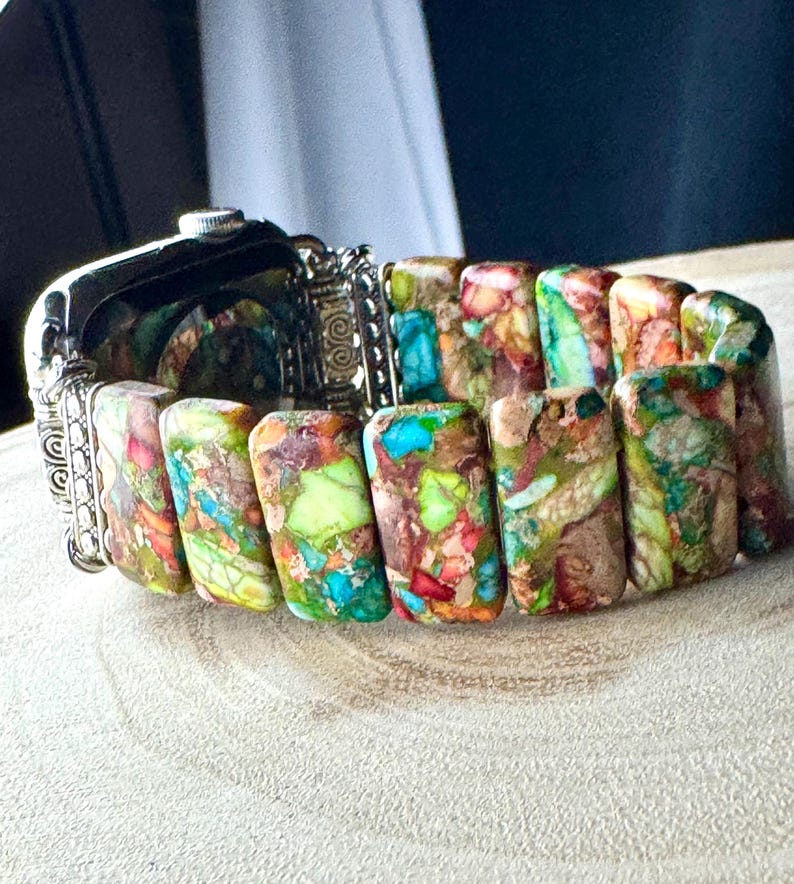 Amazonite Natural Stone Apple Watch Strap for all models . Natural Amazonite/multicolor jasper rectangle stone image 10