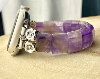 Apple Watch Stretch Band for all models .Genuine carved Obsidian/Amethyst/Jade/Tiger Eye/Rose Quartz rectangle beads.