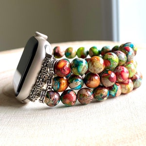 Beaded Apple Watch Band. Sea Sediment Galaxy Jasper, Series 5/6/7/8/9/10, SE, 2/3 Strands