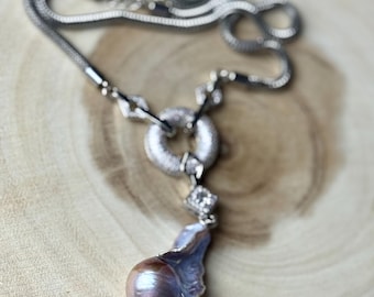 Large Baroque pearl pendant necklace with snake chain and crystal link.