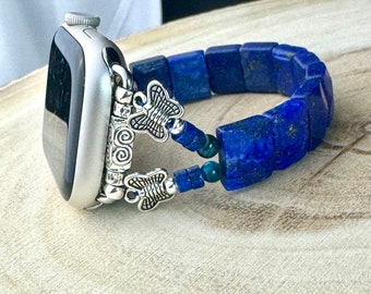 Beaded Apple Watch Band for Series 6/7/8/9/10,SE, Carved lapis Lazuli square beads with butterfly attachment