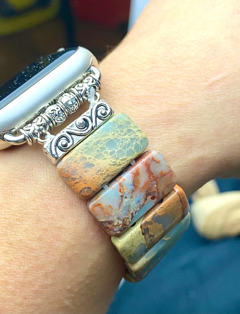 May include: A silver and brown Apple Watch band with a decorative metal clasp and a multi-colored stone design.