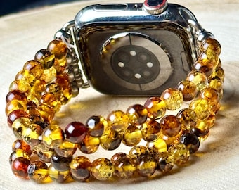 Beaded Apple Watch Band for all Apple Watch models. Genuine Amber beads 3/4 strands 8/6mm beads.