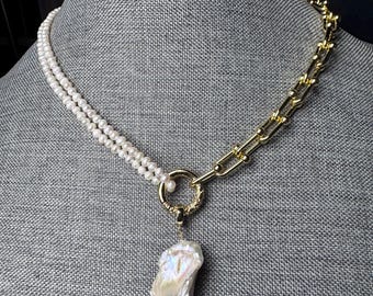 Freshwater half pearl half chain necklace. Genuine baroque pearls 3-4mm with silver/gold plated chain. Removable baroque pearl pendant