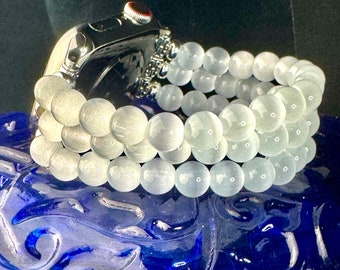 Apple Watch Beaded Band for all models genuine selenite beads (cat eye) beads. 3 strands