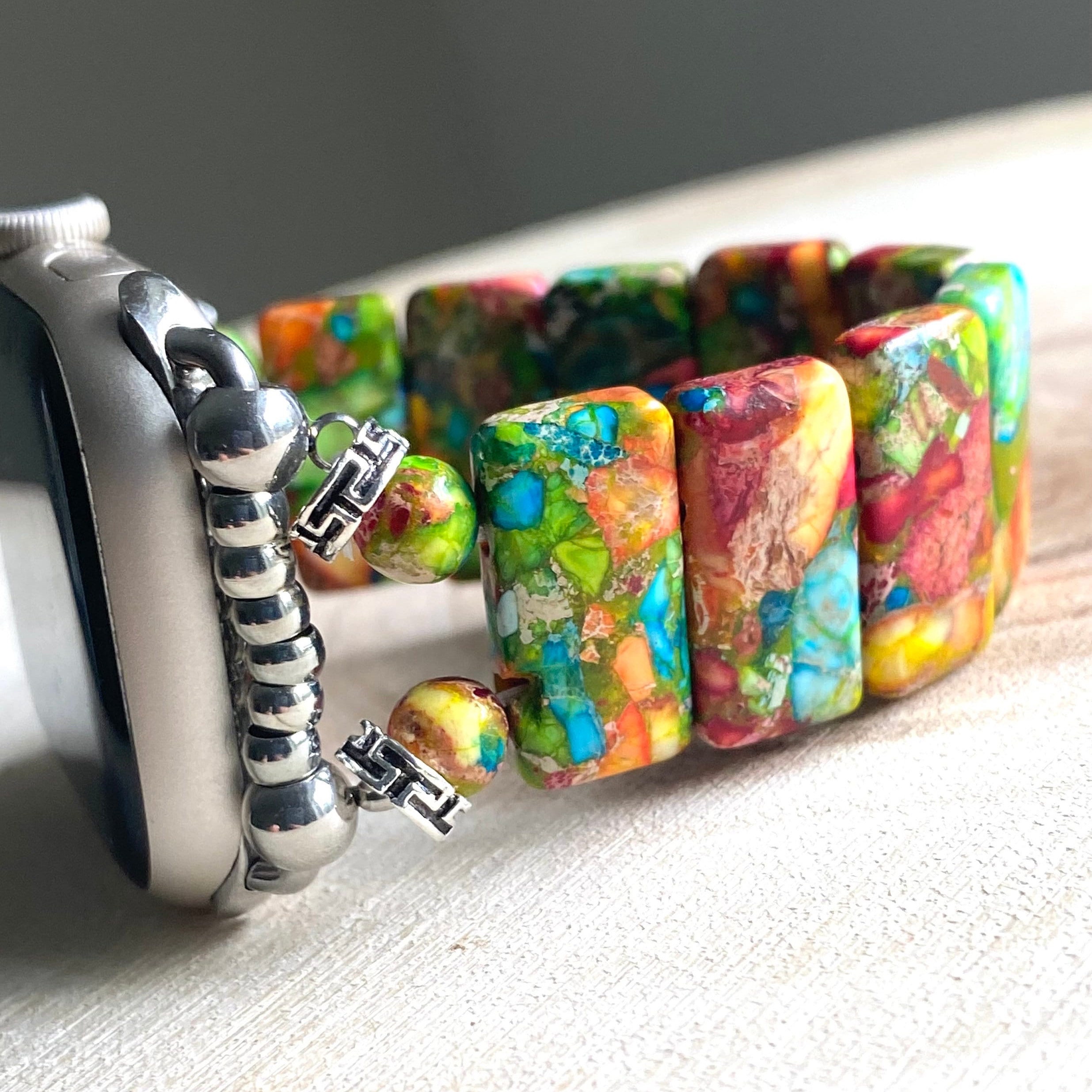 Beaded Apple Watch Band for Series 5/6/7/8/9/10, SE. Vibrant Color Sea Sediment Beads (Rectangle/Round)