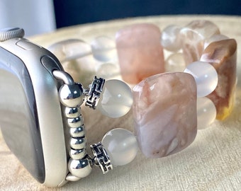 Sakura Agate Apple Watch Band Series 6/7/8/9, Genuine carved Sakura Rectangle and Round Beads . Bangle Style