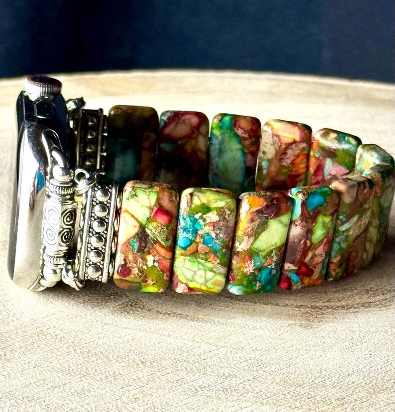 Amazonite Natural Stone Apple Watch Strap for all models . Natural Amazonite/multicolor jasper rectangle stone image 5