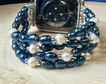 Correa de Perla para Apple Watch para todos los modelos, Perla de Agua Dulce Genuina (6/8 mm) Blanca y Negra.