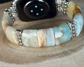Apple Watch Stretch Band for all models. Genuine carved lapis lazuli/amazonite/jade/onex/watermelon quartz gemstone beads.