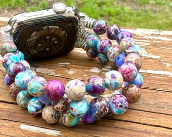 Beaded Apple Watch Band for all models Purple Sea Sediment Beads (8mm/6mm), 3 /4 Strands.