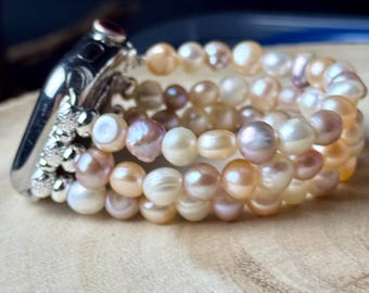 Genuine freshwater pearl Apple Watch band for all models . Tri color /white 7-8mm baroque freshwater pearls. 3 strands