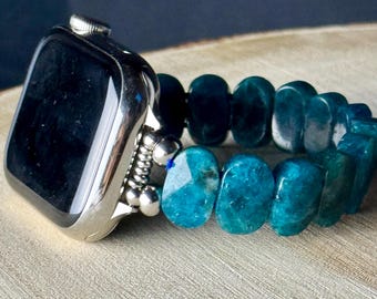 Apple Watch Stretch Band for all Apple Watch models . Genuine carved faceted apetite gemstones. Bangle style.