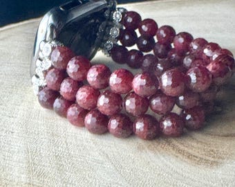 Beaded Apple Watch Band for all models. genuine Ruby/Aquamarine/ AAA blue water Burma Jadeite beads 8mm.