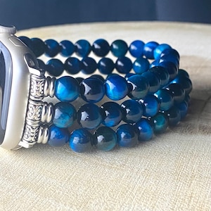Blue Tiger Eye Beaded Apple Watch Band, Series-5/6/7/8/9/10, SE, Genuine Matt/Smooth Blue Tiger Eye Beads. 8mm-3 Rows, 6mm -4 Rows