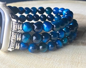 Blue Tiger Eye Beaded Apple Watch Band, all models , Genuine Matt/Smooth Blue Tiger Eye Beads. 8mm-3 Rows, 6mm -4 Rows