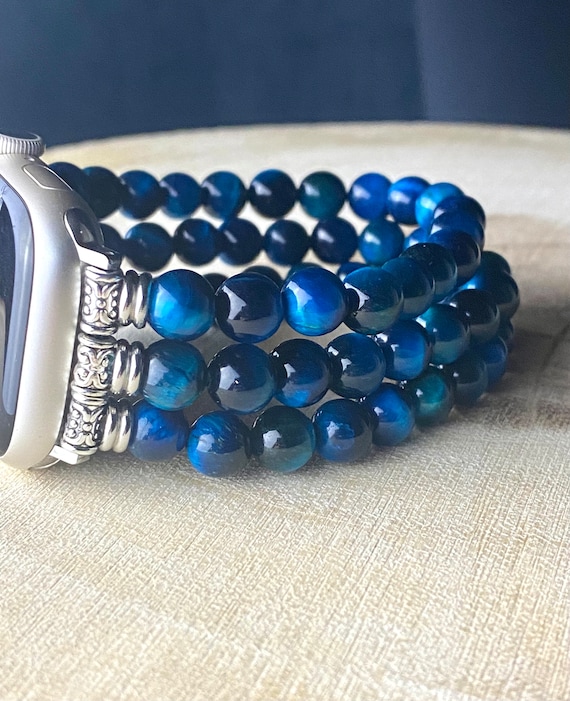 Blue Tiger Eye Beaded Apple Watch Band, all models , Genuine Matt/Smooth Blue Tiger Eye Beads. 8mm-3 Rows, 6mm -4 Rows
