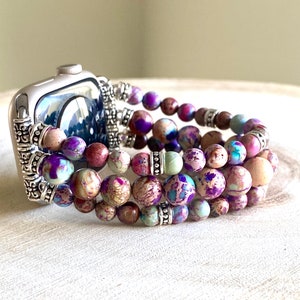 Multi color Jasper Apple Watch strap for series 5/6/7/8/9/10, SE. Rainbow jasper/ purple Jasper beads.