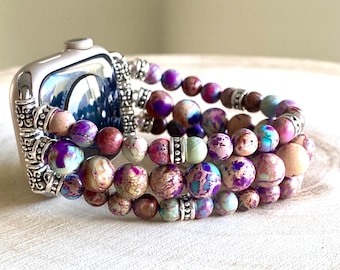 Multi color Jasper Apple Watch strap for all models . Rainbow jasper/ purple Jasper beads.