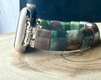 Apple Watch Stretch Band for all models .Genuine carved Obsidian/Amethyst/Jade/Tiger Eye/Rose Quartz rectangle beads.