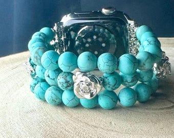 Beaded Apple Watch strap for all models matte green turquoise 6/8 mm beads. 4/3 strands.