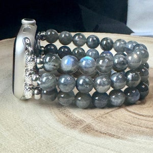 Apple-Uhrenarmband 3-5mm für Series 5/6/7/8/9/10, SE Echte knallige Labradorit-Perlen 8 mm, 3 Stränge. Oder Rechteckperlen, 1 Strang.