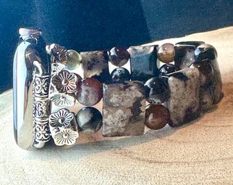 Sakura Agate Apple Watch Band Series 5/6/7/8/9/10, SE, Genuine carved Sakura Rectangle and Round Beads . Bangle Style
