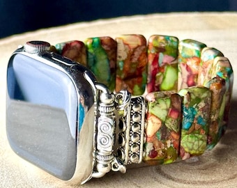 Amazonite Natural Stone Apple Watch Strap for all models . Natural Amazonite/multicolor jasper rectangle stone