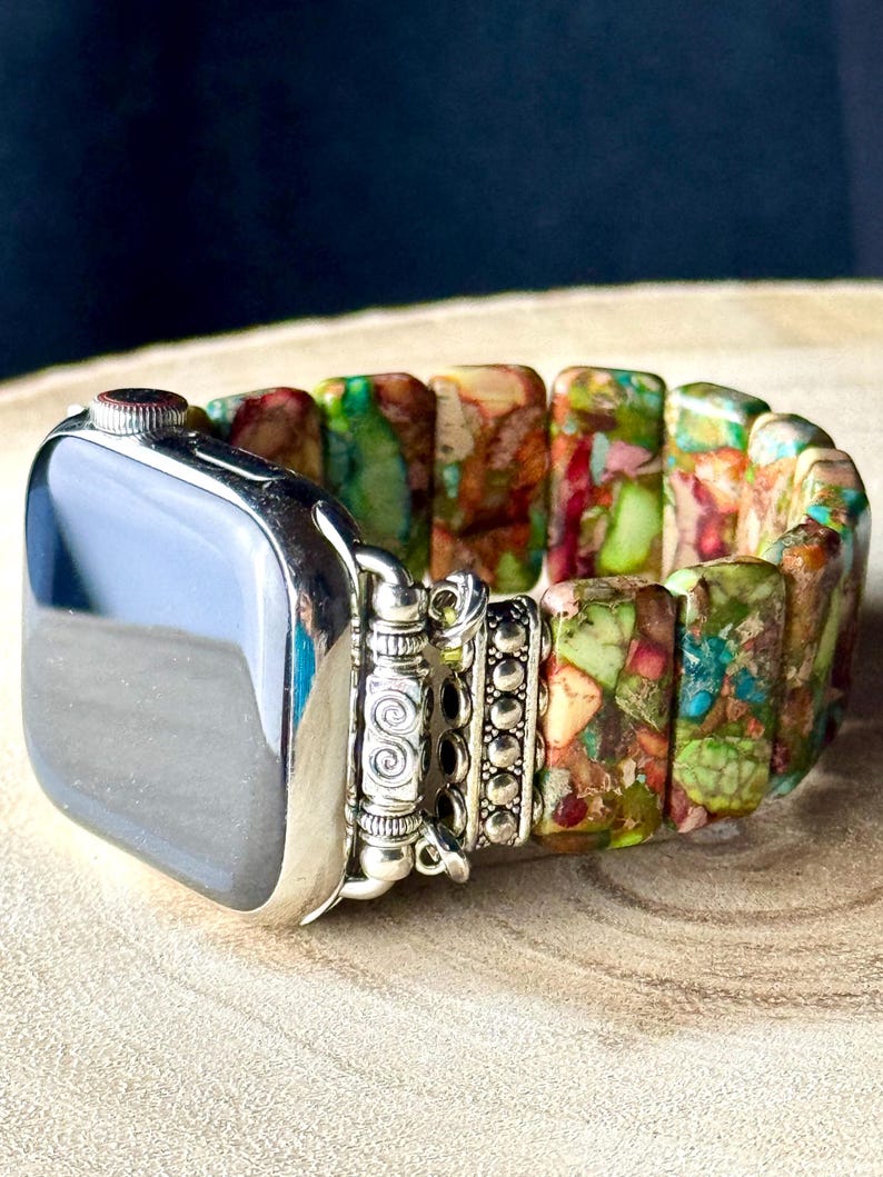 Amazonite Natural Stone Apple Watch Strap for all models . Natural Amazonite/multicolor jasper rectangle stone Rainbow Jasper