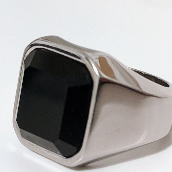 Men's Artisan Onyx Stainless Steel Signet Ring - Minimalist Unique Gift for Him