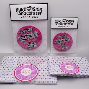 6 x Eurovision Song Contest 2026 Badge 'Official Sofa Judge' Holographic Effect, Two Sizes, Gift Wrapped