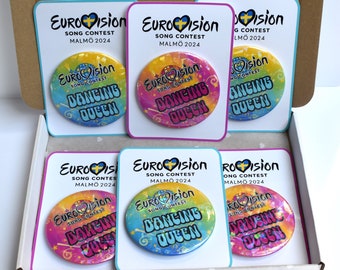 Check Last Order Deadlines!! 6 x Dancing Queen Eurovision Song Contest Badge Holographic Effect Mixed, Gift Wrapped, Available 58mm or 75mm