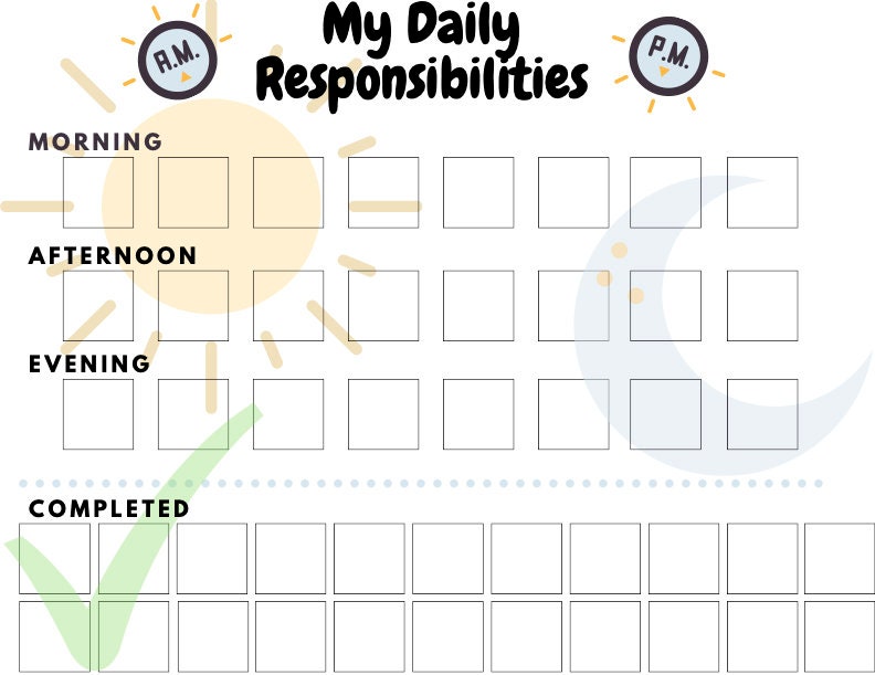 Daily Childrens Chore Chart, Printable Daily Responsiblities, Morning ...
