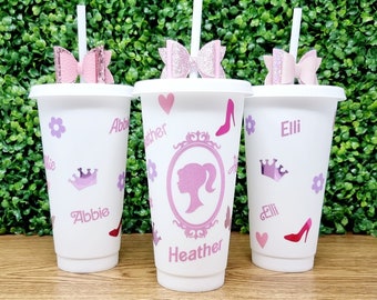24oz Personalised Pink Doll Themed Cold Cup with Straw and Lid and Bow Straw Topper