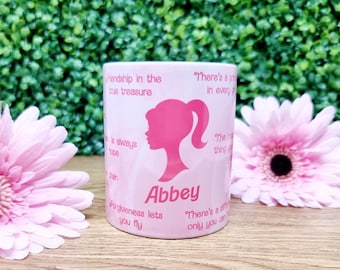 Personalised Pink Doll Themed Affirmation Mug with Heart Handle and matching Heart Coaster
