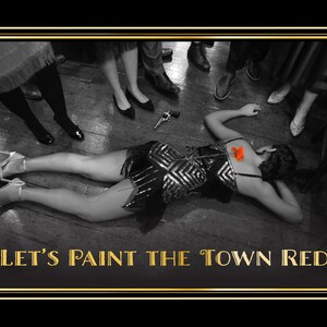 Peut inclure: Une image en noir et blanc d'une femme allong&eacute;e sur le sol dans une robe &agrave; paillettes. Une fleur rouge est sur son dos. Le texte "LET'S PAINT THE TOWN RED" est en bas de l'image.