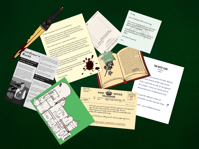 Puede incluir: Una mesa verde con varios documentos y un libro abierto. Los documentos incluyen una carta, un telegrama, un recorte de peri&oacute;dico, un plano de planta y una nota. El libro tiene una cubierta roja y un dibujo de una planta en su interior. El texto en los documentos incluye "The Ritzy Club", "Gardener's World" y "Post Office Telegram".